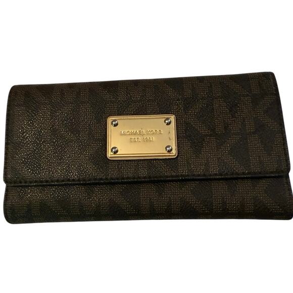 Michael Kors Jet Set Travel Continental Wallet Brown Signature PVC Gold Logo - Picture 1 of 7